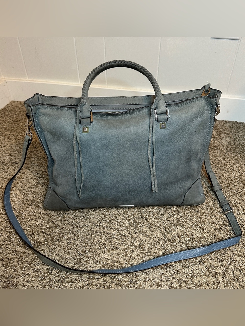 Rebecca Minkoff Regan Nubuck Satchel Steel Blue Gray Crossbody Strap